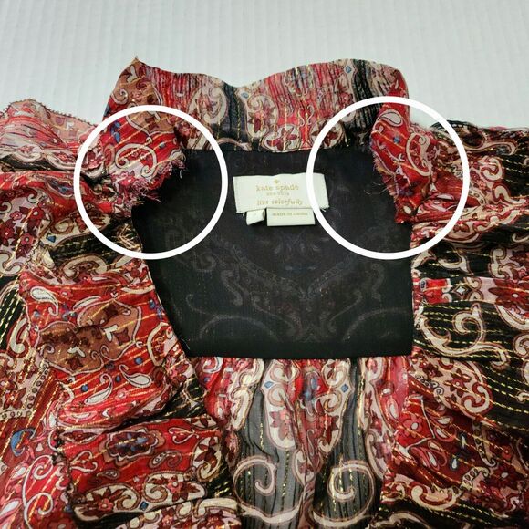 Kate Spade Womens Blouse Red Gold Black Long Sleeve Ruffles Sheer *FLAW* Size S - Picture 9 of 9